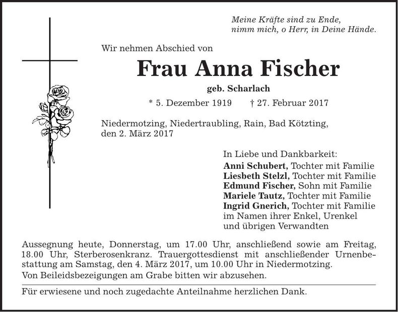 Traueranzeige Anna Fischer