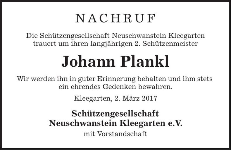 Traueranzeige Johann Plankl