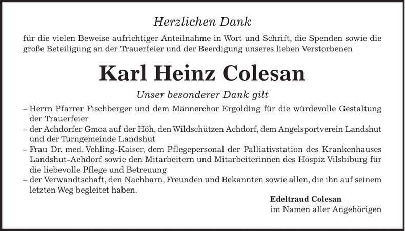 Traueranzeige Karl Heinz Colesan