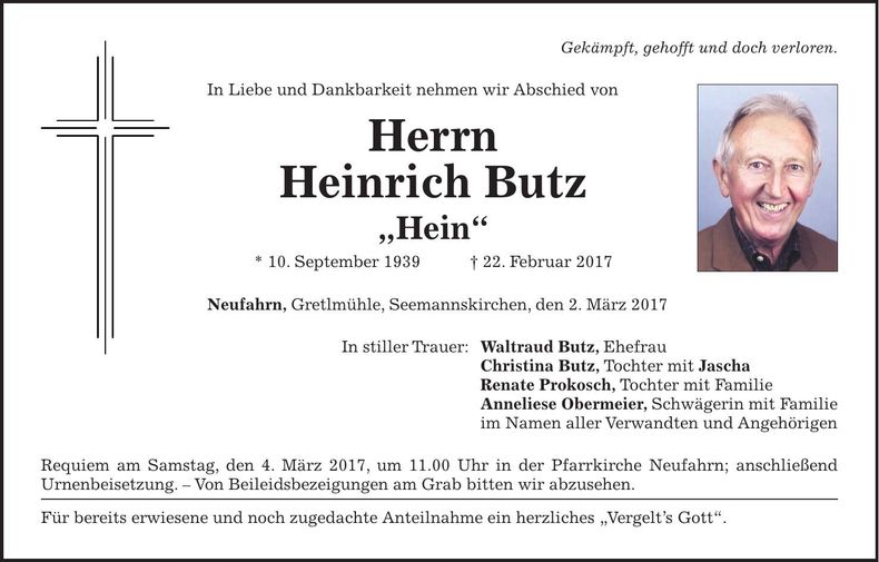 Traueranzeige Heinrich Butz
