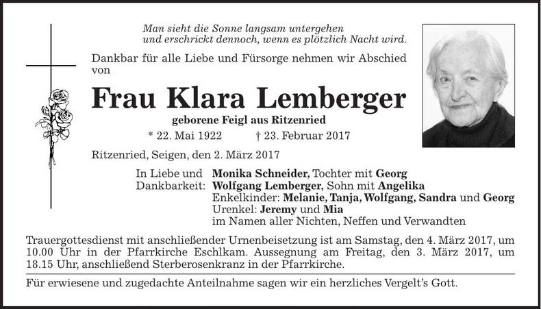 Traueranzeige Klara Lemberger