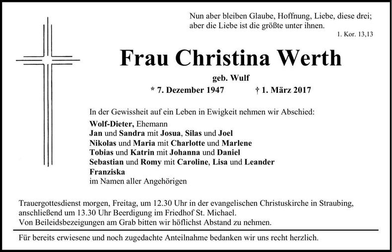 Traueranzeige Christina Werth