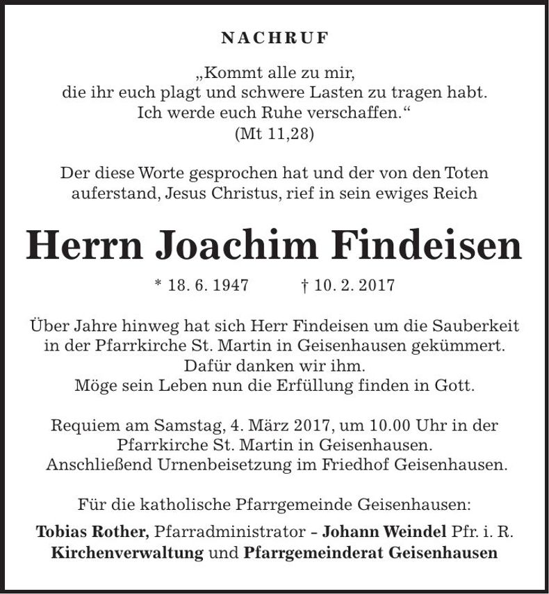 Traueranzeige Joachim Findeisen