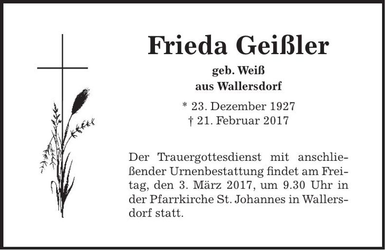 Traueranzeige Frieda Geißler