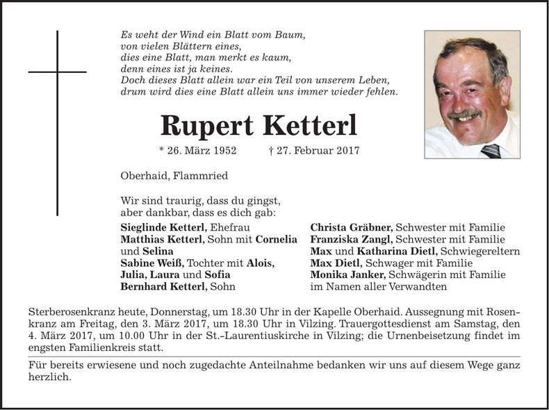 Traueranzeige Rupert Ketterl