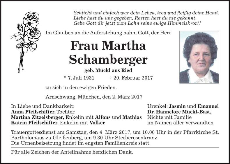 Traueranzeige Martha Schamberger