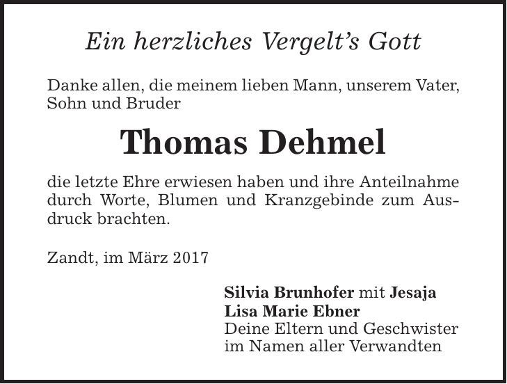 Traueranzeige Thomas Dehmel