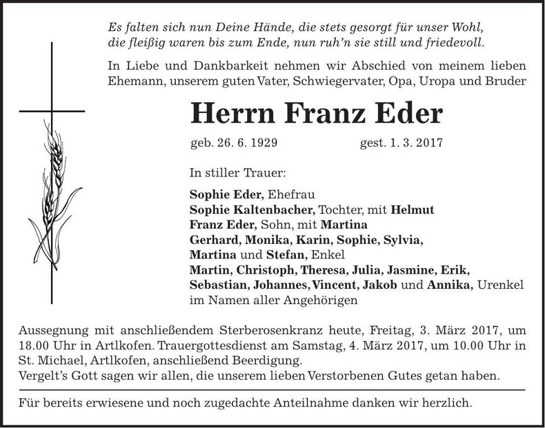 Traueranzeige Franz Eder