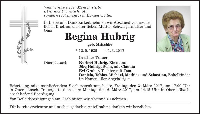 Traueranzeige Regina Hubrig