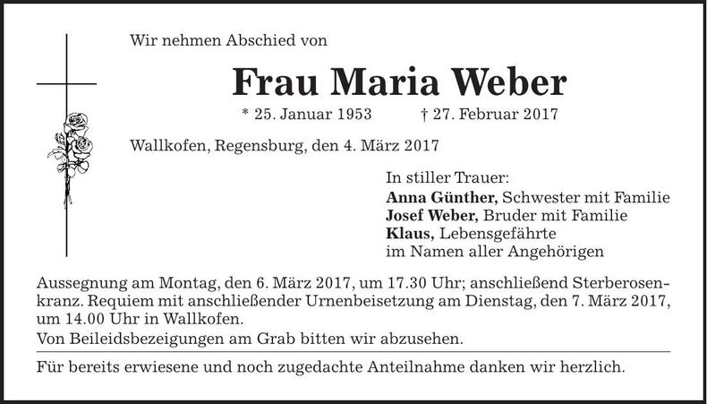 Traueranzeige Maria Weber