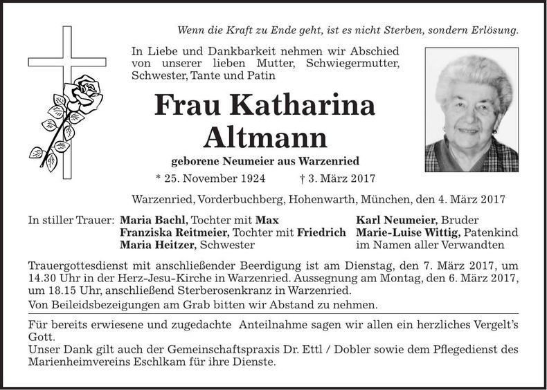 Traueranzeige Katharina Altmann