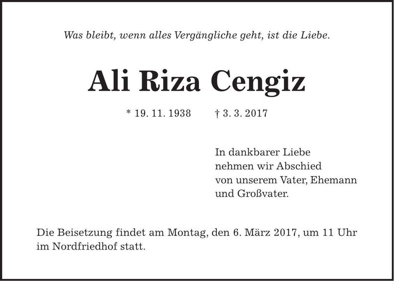 Traueranzeige Ali Riza Cengiz
