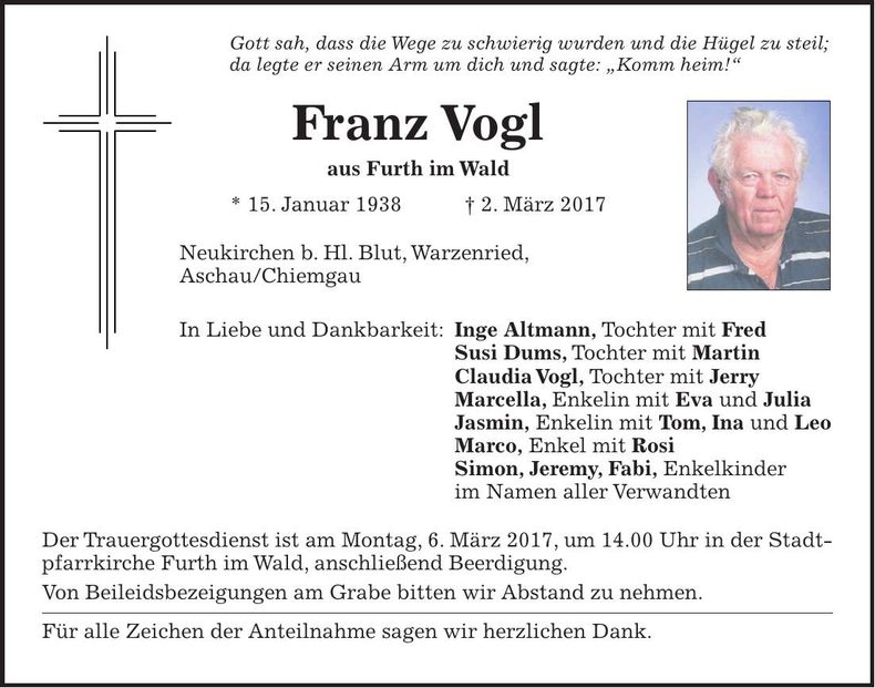 Traueranzeige Franz Vogl