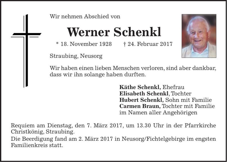Traueranzeige Werner Schenkl