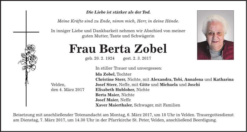 Traueranzeige Berta Zobel