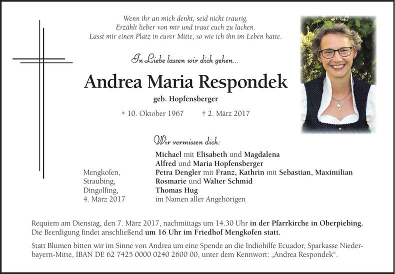 Traueranzeige Andrea Maria Respondek