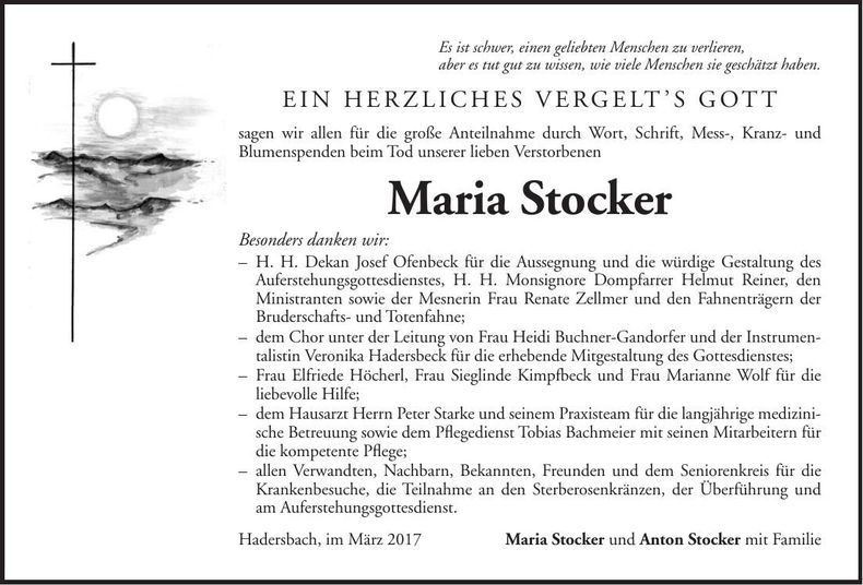 Traueranzeige Maria Stocker
