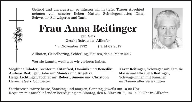 Traueranzeige Anna Reitinger