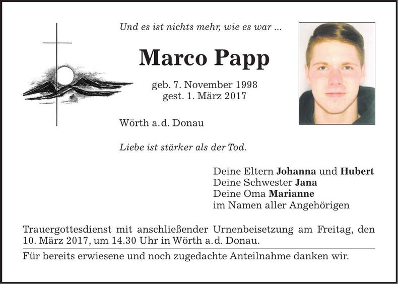 Traueranzeige Marco Papp