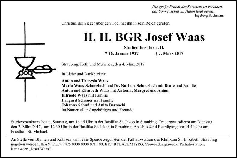 Traueranzeige Josef H.H. BGR Waas