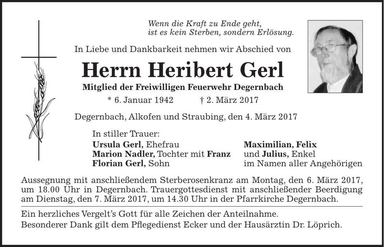 Traueranzeige Heribert Gerl