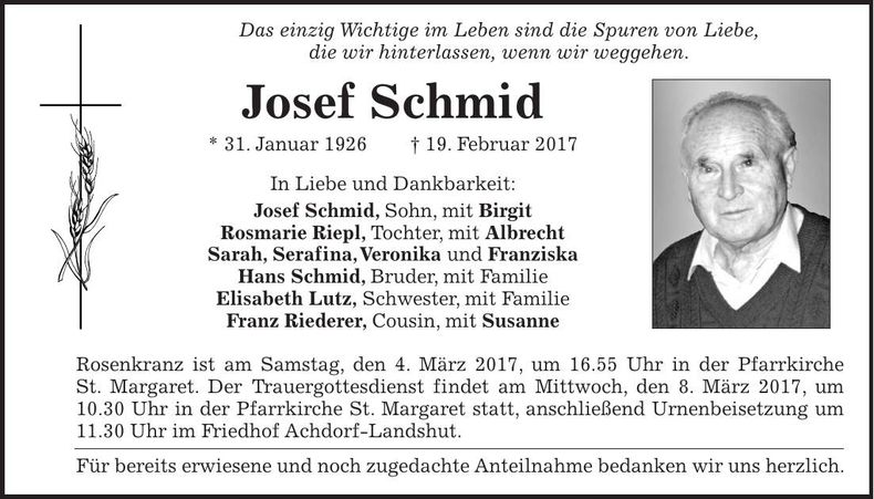 Traueranzeige Josef Schmid