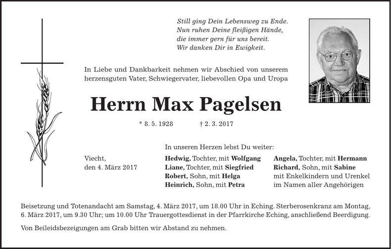 Traueranzeige Max Pagelsen