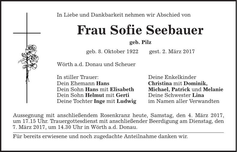 Traueranzeige Sofie Seebauer