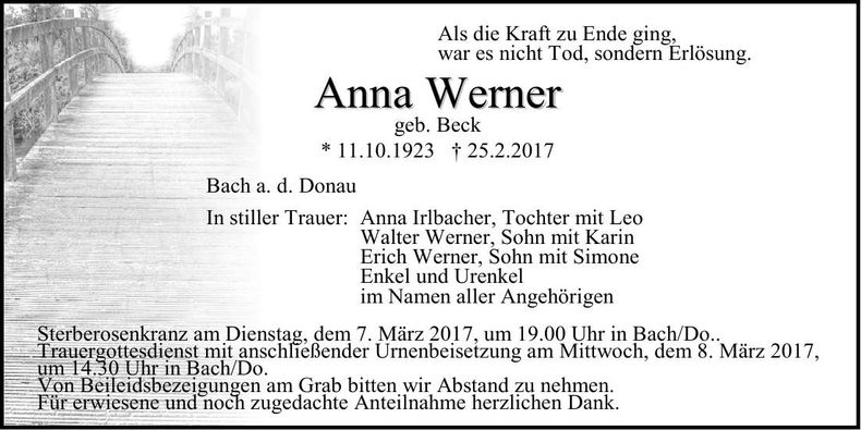 Traueranzeige Werner Anna