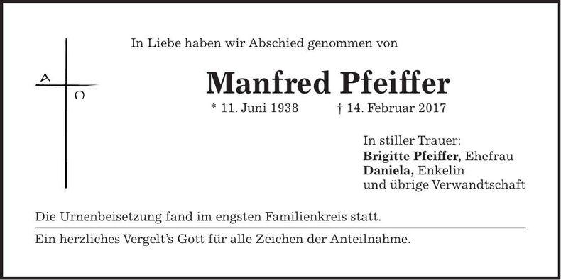 Traueranzeige Manfred Pfeiffer