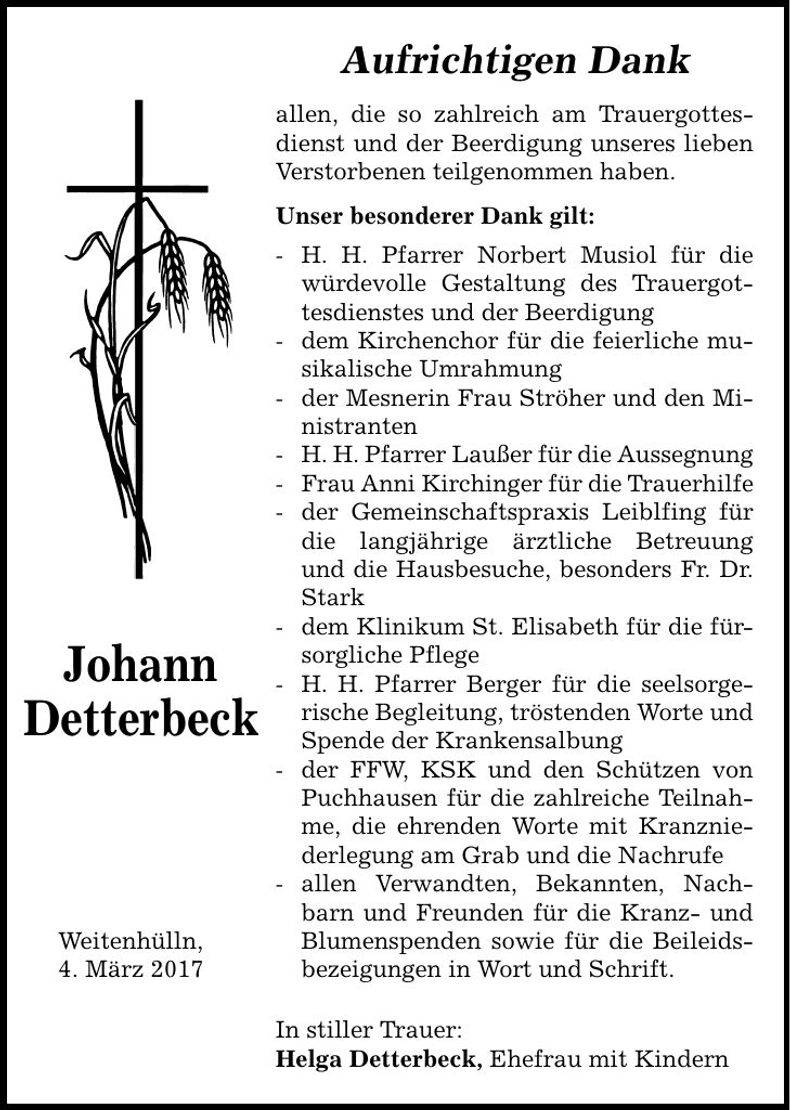Traueranzeige Johann Detterbeck