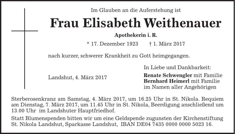 Traueranzeige Elisabeth Weithenauer