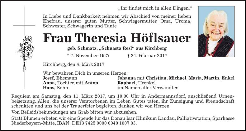 Traueranzeige Theresia Höflsauer
