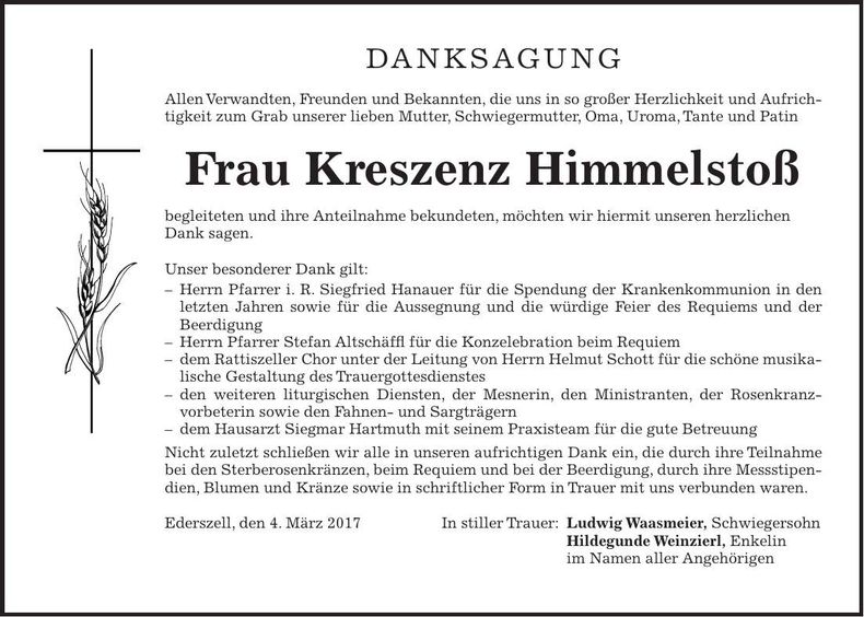 Traueranzeige Kreszenz Himmelstoß