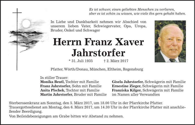 Traueranzeige Franz Xaver Jahrstorfer