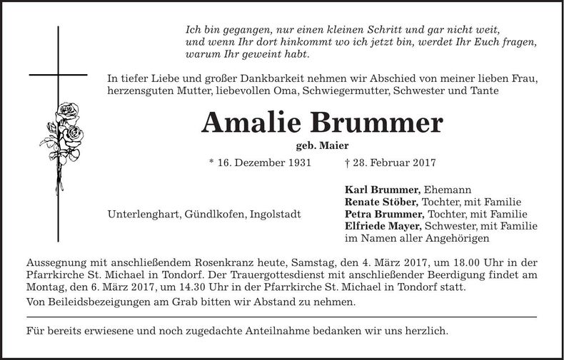 Traueranzeige Amalie Brummer