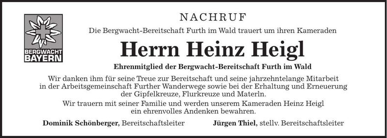 Traueranzeige Heinz Heigl