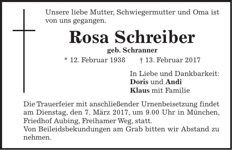 Traueranzeige Rosa Schreiber