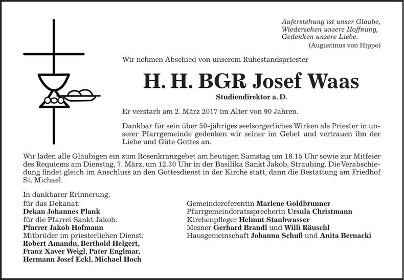 Traueranzeige Josef BGR Waas