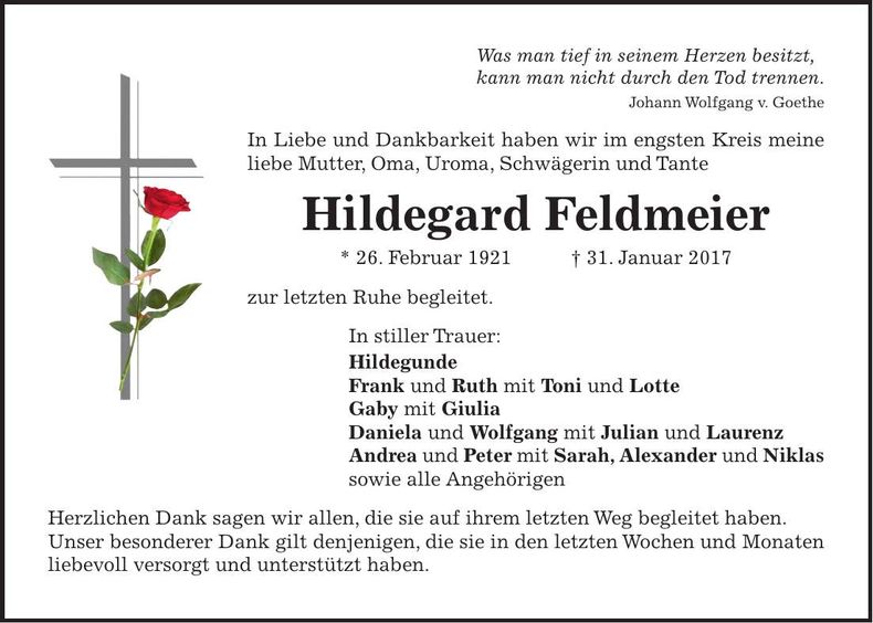 Traueranzeige Hildegard Feldmeier