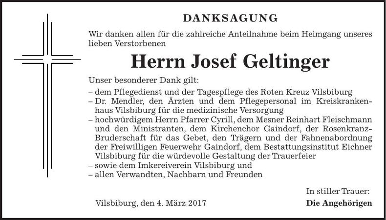 Traueranzeige Josef Geltinger