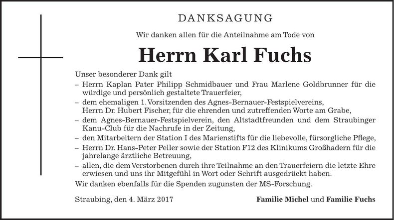 Traueranzeige Karl Fuchs