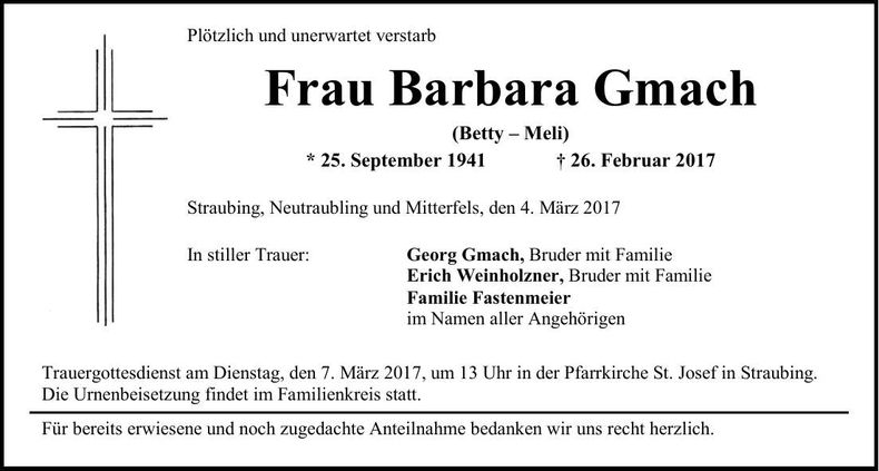 Traueranzeige Barbara Gmach