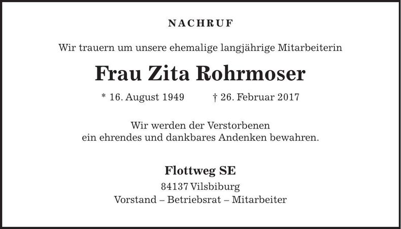 Traueranzeige Zita Rohrmoser
