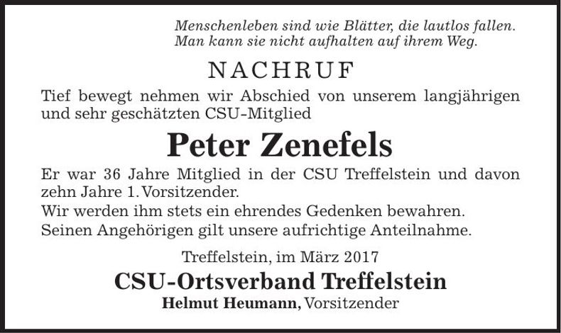 Traueranzeige Peter Zenefels