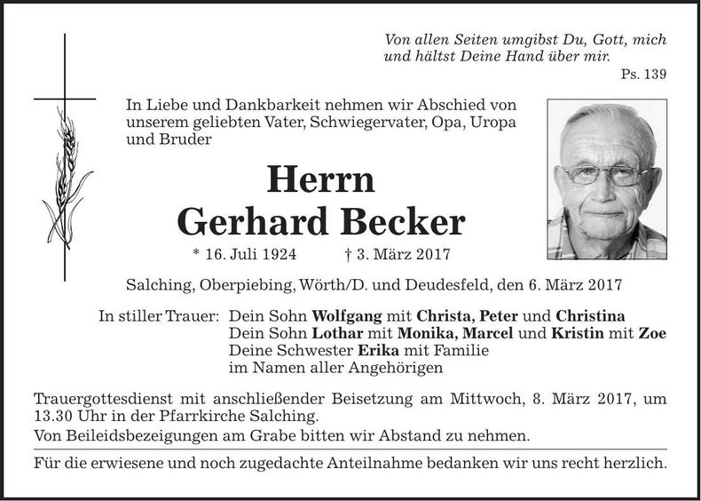 Traueranzeige Gerhard Becker
