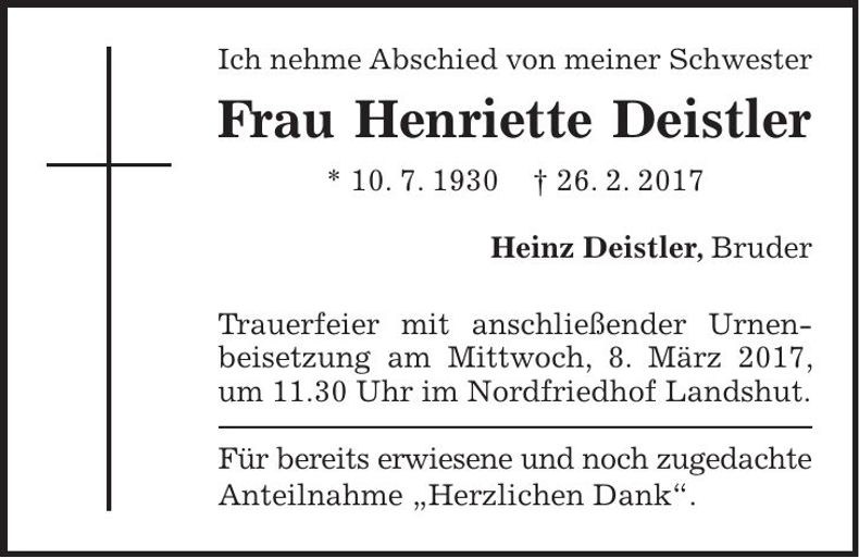Traueranzeige Henriette Deistler