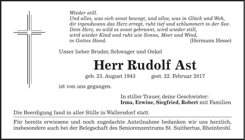 Traueranzeige Rudolf Ast