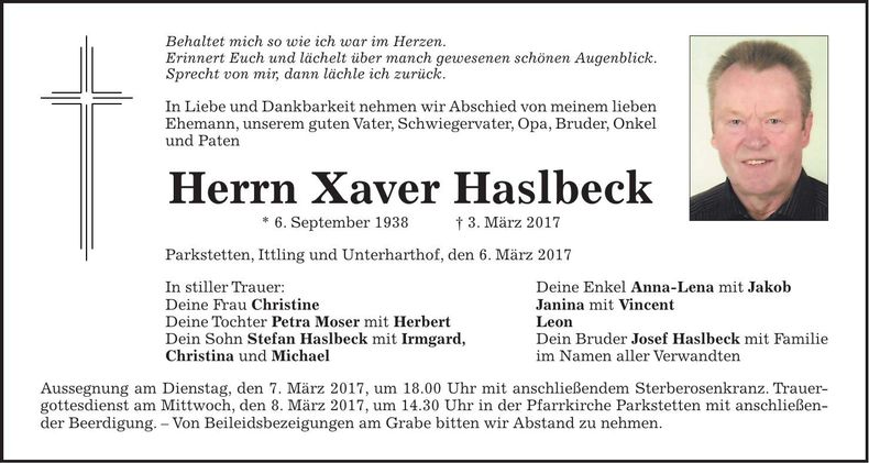 Traueranzeige Xaver Haslbeck