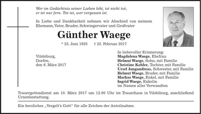 Traueranzeige Günther Waege